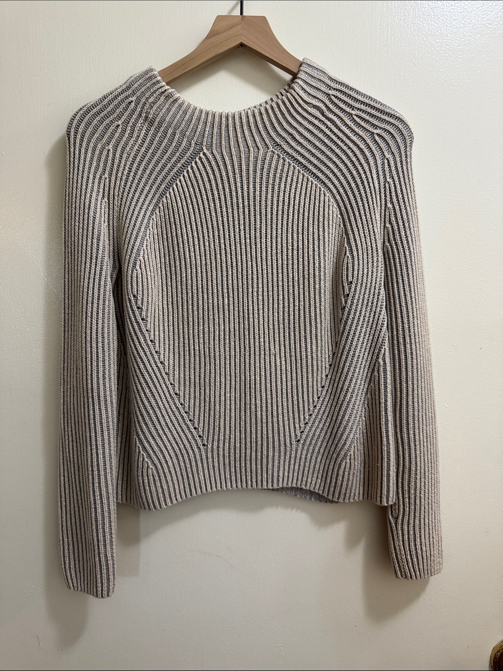 Athleta Striped Rib-Knit Crewneck Sweater in Beige and Black